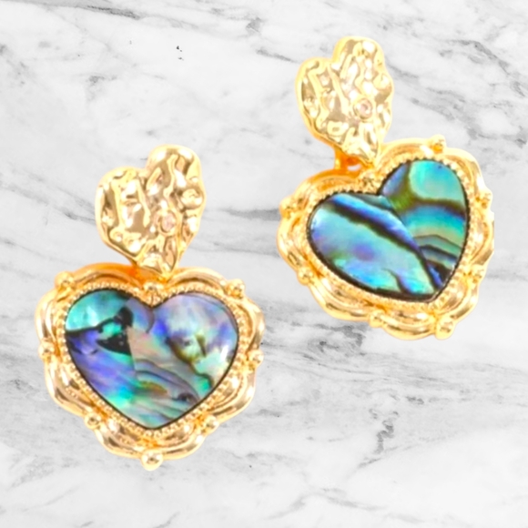 Heart Drop Shell Earrings Gold Tone Setting - Picture 6 of 7